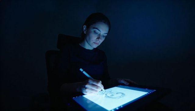 Late night digital artist sketching portrait on backlit drawing tablet with stylus