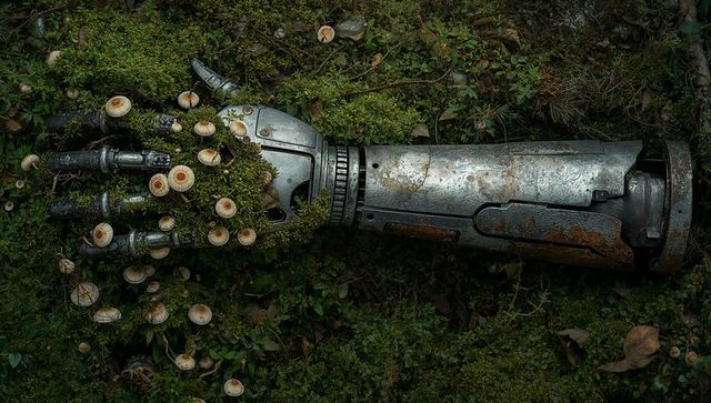 Corroded robotic forearm reclaiming mossy forest floor with mushrooms sprouting