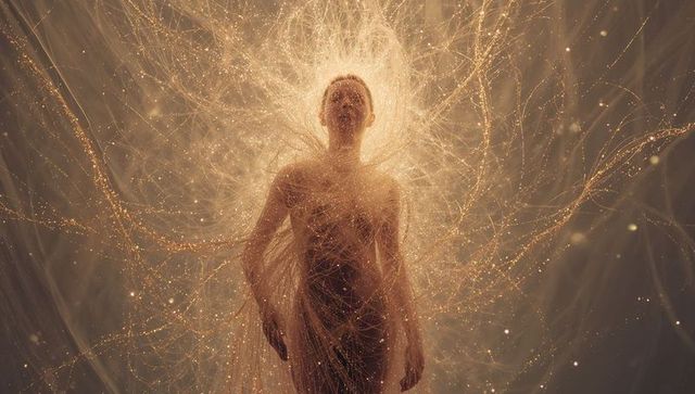 Man glowing within golden filament aura, floating in dark void with ethereal halo