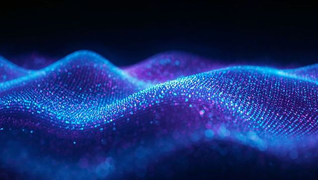 Dynamic glowing particle wave mesh flowing in neon cyan and violet with bokeh lights