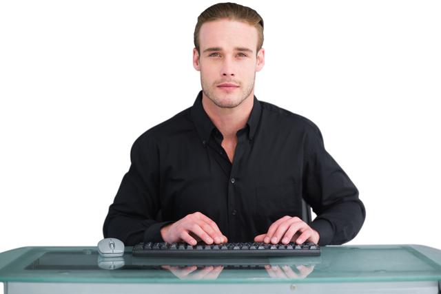 Transparent Portrait of Man Typing on Keyboard at Glass Desk - Download Free Stock Videos Pikwizard.com