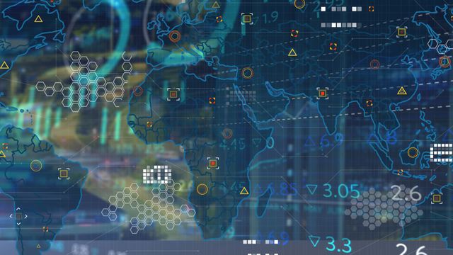 Layered animations of financial graphics and numerical data over a world map illustration. Ideal for use in presentations related to global economy, data analysis, financial forecasts, technology, and geographical information systems.