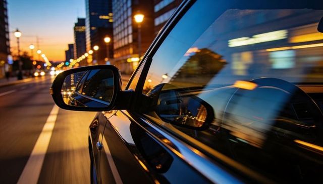 Black sedan reflecting city lights and lane markings while speeding through urban dusk