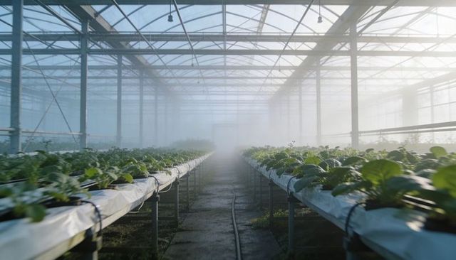 Misty glasshouse growing hydroponic lettuce rows with drip irrigation morning sunlight