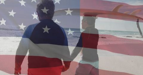 Patriotic Senior Couple Sharing Love for Surfing and USA