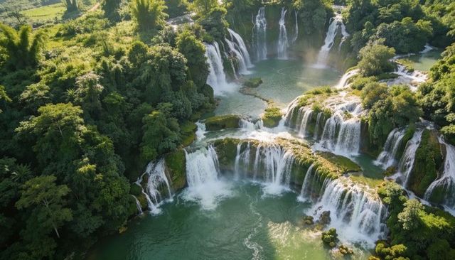 Sunlit multi-tier waterfalls cascading through lush tropical rainforest with emerald pools