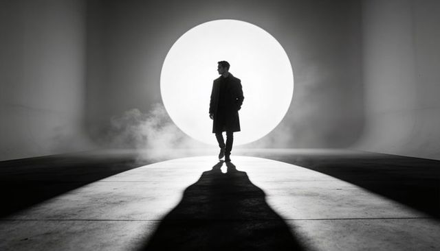 Silhouetted man standing before giant circular light casting long dramatic shadow