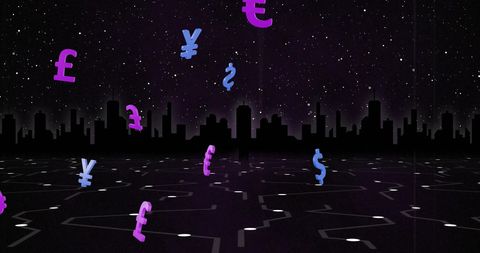 Currency symbols flying above digital cityscape