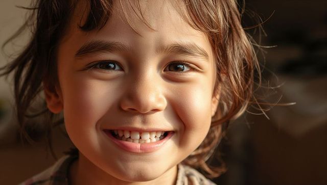 Smiling child closeup with tousled hair, bright smile and warm natural light indoor portrait