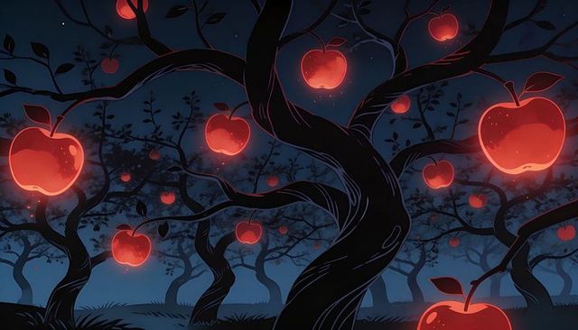 Mystical Glowing Orchard with Luminous Red Apples and Twisted Tree Silhouettes