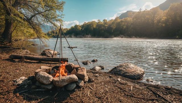 Crackling lakeside campfire glowing in stone ring with tripod over misty mountain water
