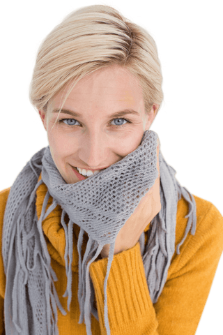 Happy Woman in Yellow Sweater and Gray Scarf on Transparent Background
