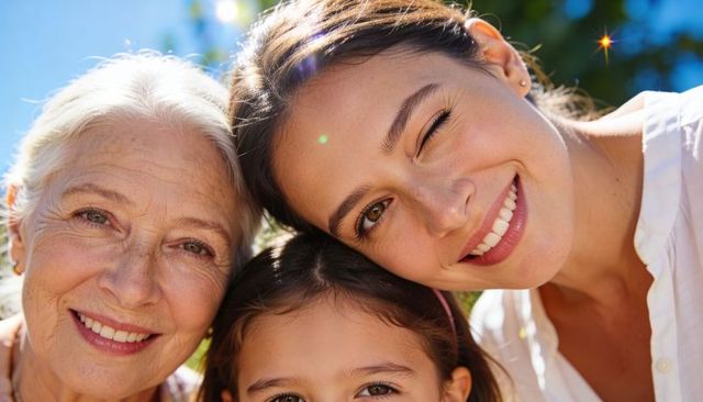 Three generations smiling outdoors close-up: grandmother, mother, daughter family portrait