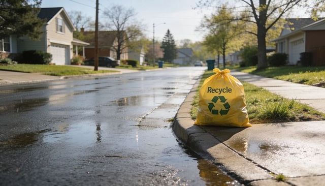 Sitting yellow recycling bag on suburban curb reflecting in puddles after rain