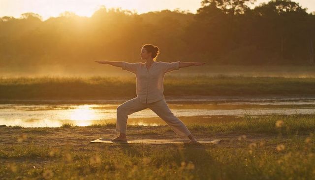 Sunrise riverside warrior pose woman practicing yoga for mindfulness and inner balance