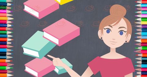 Illustration of Teacher and Floating Books with Colorful Pencils - Download Free Stock Images Pikwizard.com