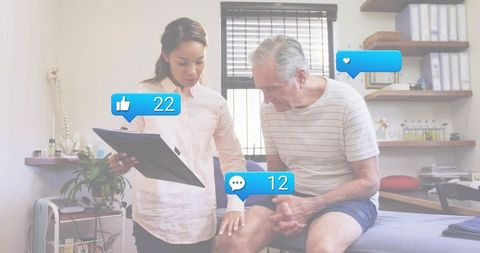 Clinician consulting older patient during knee exam with social media like and comment icons