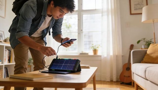 Connecting smartphone to portable solar power bank in sunlit apartment with asian man