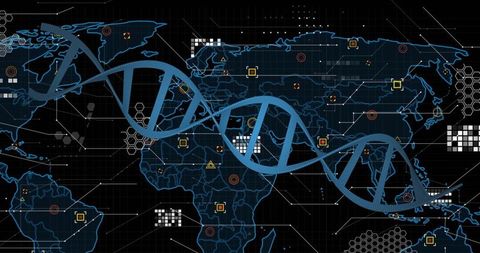 Dna double helix over digital world map interface