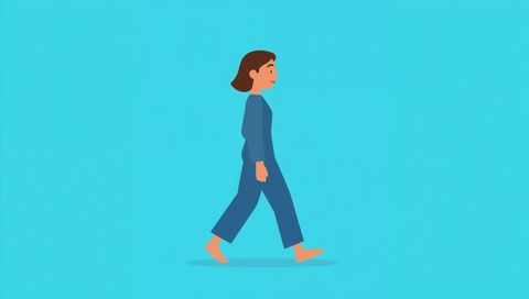 Walking woman barefoot wearing blue top and wide pants minimalist flat vector on turquoise