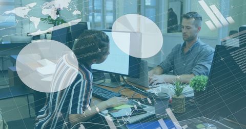 Colleagues High-Fiving in Tech-Driven Office with Virtual Data Visualizations