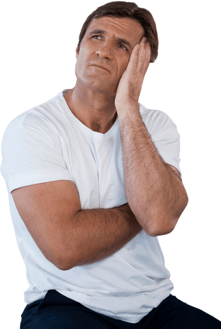 Transparent thoughtful man pondering in white t-shirt with pensive expression