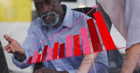 Business team pointing at rising red bar chart with digital overlay, analyzing growth strategy