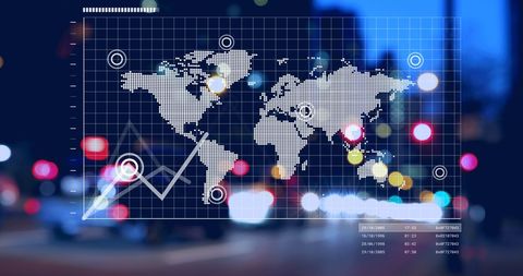 Digital World Map and Data Interface Overlay on City Street