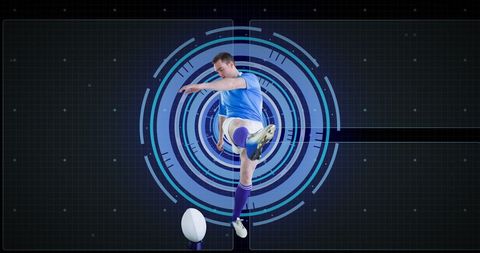 Rugby Player Kicking Ball amidst Digital Scope Graphic