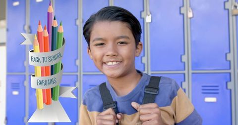 Smiling boy ready for school with back-to-school bargains announcement