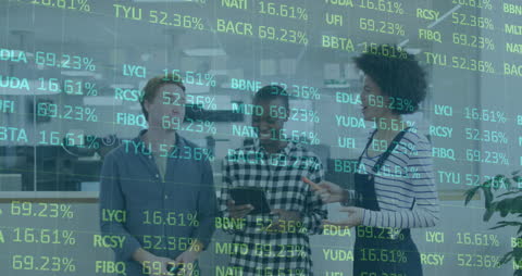 Business Team Analyzing Financial Data with Stocks Animation Overlay