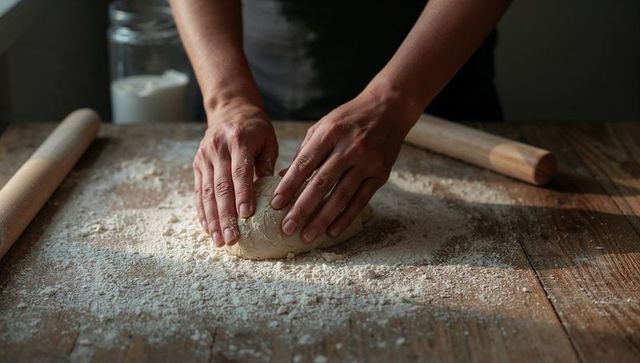 Hands kneading dough on rustic wooden countertop with flour scattered and rolling pins