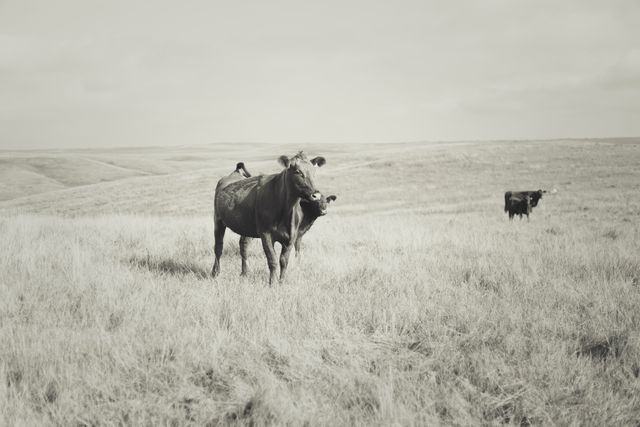 This serene black and white image captures cows grazing in a wide field, symbolizing rural life and agricultural landscapes. Ideal for use in agricultural publications, environmental articles, or marketing materials related to farming and livestock raising.