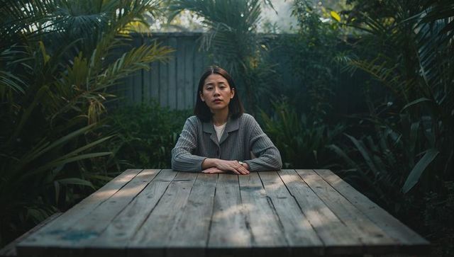 Asian woman sitting at weathered wooden table in lush backyard garden, quiet contemplative