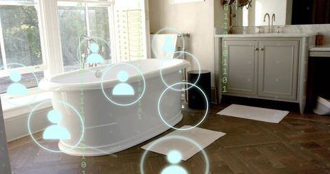 Sunlit freestanding oval bathtub with futuristic hud overlay and herringbone wood floor
