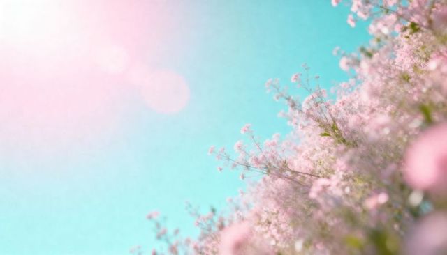 Dreamy pastel meadow with pale-pink wildflowers blooming under sun flare and turquoise sky