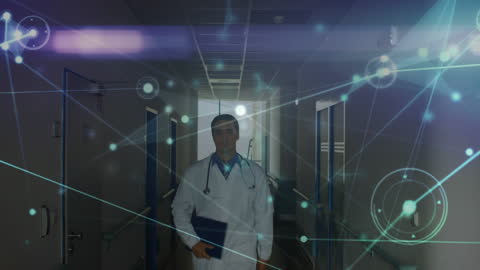 Doctor with Network Connections in Hospital Corridor