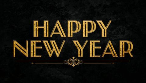 Gold art deco happy new year typography on black marble background with ornate divider