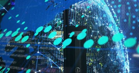 Visualizing global data network with hexagonal mesh, teal node markers and led grid