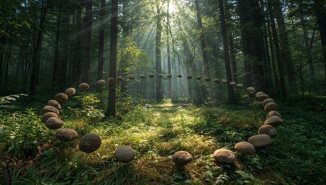 Levitating stone ring hovering above sunlit forest glade with morning sunbeams and orbs
