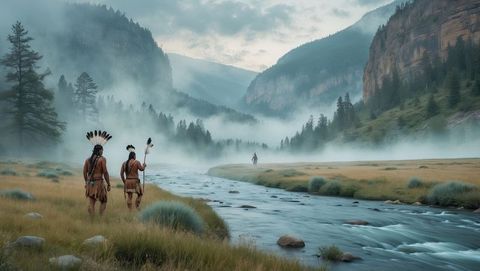 Walking native american elders through foggy mountain wilderness