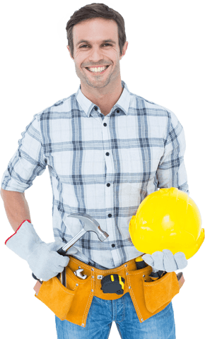 Transparent cheerful handyman with tools and yellow hard hat