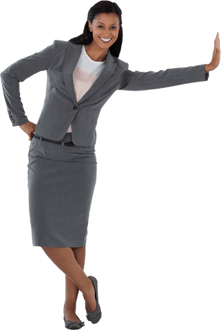 Transparent Businesswoman Leaning on Imaginary Surface with Confidence