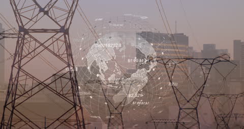 Global Data Network with Power Lines and Digital Globe Overlay