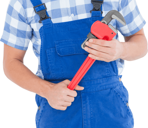 Repairman holding pliers in blue overalls transparent background