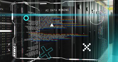 Digital Data Processing Overlays in Server Room Technology Background
