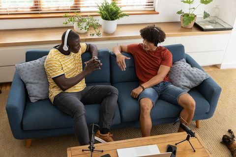 Friends Podcasting from Home Relaxed Atmosphere Communication