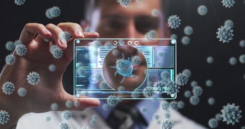 Doctor Analyzing Virus with Transparent Screen Technology