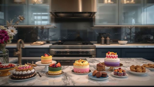 Assorted layered cakes, macarons and tarts on marble island in contemporary kitchen