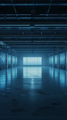 Capturing empty industrial warehouse with blue reflective floor and illuminated panels